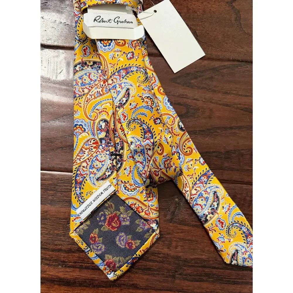 $150 NWT Robert Graham Yellow 100% Silk Paisley Print Neck Tie